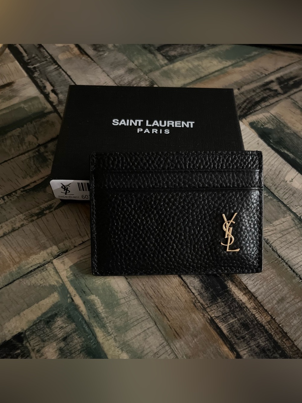 Saint Laurent Black Pebbled Leather Card holder yywith Gold YSL Emblem